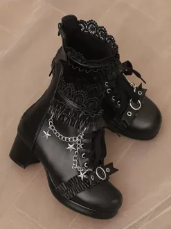 ROCOCO Style Lolita Boots PU Leather Lace Ruffles Chains Round Toe Black Lolita Footwear