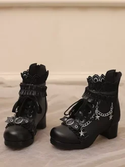 ROCOCO Style Lolita Boots PU Leather Lace Ruffles Chains Round Toe Black Lolita Footwear