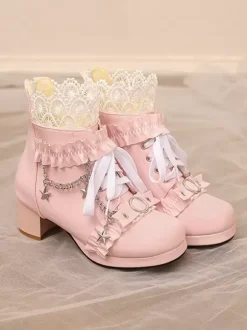 ROCOCO Style Lolita Boots PU Leather Lace Ruffles Chains Round Toe Black Lolita Footwear