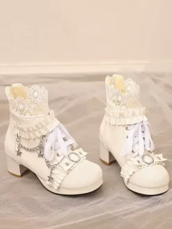ROCOCO Style Lolita Boots PU Leather Lace Ruffles Chains Round Toe Black Lolita Footwear