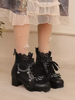 ROCOCO Style Lolita Boots PU Leather Lace Ruffles Chains Round Toe Black Lolita Footwear