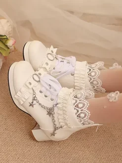 ROCOCO Style Lolita Boots PU Leather Lace Ruffles Chains Round Toe Black Lolita Footwear