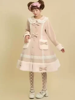 ROCOCO Style Lolita Coats Pink Coat Bows Ruffles Overcoat Polyester Winter Lolita Outwears