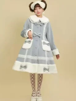 ROCOCO Style Lolita Coats Pink Coat Bows Ruffles Overcoat Polyester Winter Lolita Outwears