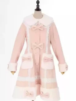 ROCOCO Style Lolita Coats Pink Coat Bows Ruffles Overcoat Polyester Winter Lolita Outwears