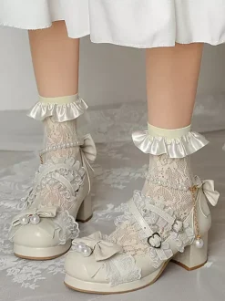 ROCOCO Style Lolita Footwear Purple Color Block Chains Pearls Bows Round Toe PU Leather Lolita Pumps