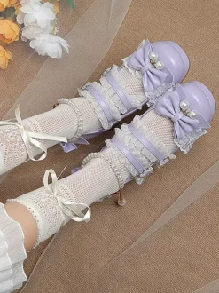 ROCOCO Style Lolita Footwear Purple Color Block Chains Pearls Bows Round Toe PU Leather Lolita Pumps