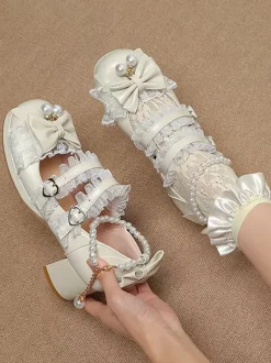 ROCOCO Style Lolita Footwear Purple Color Block Chains Pearls Bows Round Toe PU Leather Lolita Pumps