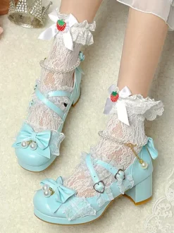ROCOCO Style Lolita Footwear Purple Color Block Chains Pearls Bows Round Toe PU Leather Lolita Pumps