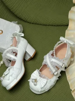 ROCOCO Style Lolita Footwear Purple Color Block Chains Pearls Bows Round Toe PU Leather Lolita Pumps