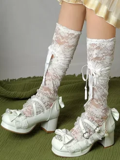 ROCOCO Style Lolita Footwear Purple Color Block Chains Pearls Bows Round Toe PU Leather Lolita Pumps