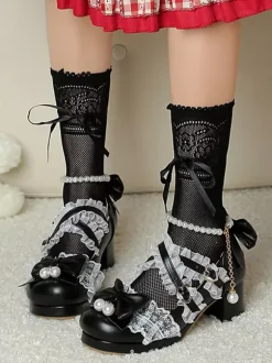 ROCOCO Style Lolita Footwear Purple Color Block Chains Pearls Bows Round Toe PU Leather Lolita Pumps