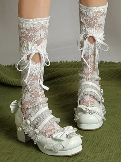 ROCOCO Style Lolita Footwear Purple Color Block Chains Pearls Bows Round Toe PU Leather Lolita Pumps