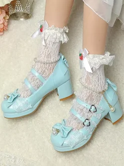 ROCOCO Style Lolita Footwear Purple Color Block Chains Pearls Bows Round Toe PU Leather Lolita Pumps