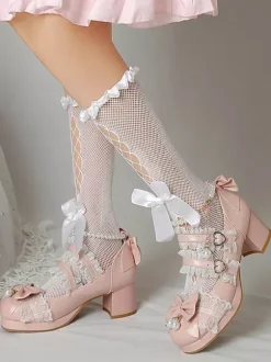 ROCOCO Style Lolita Footwear Purple Color Block Chains Pearls Bows Round Toe PU Leather Lolita Pumps
