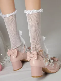 ROCOCO Style Lolita Footwear Purple Color Block Chains Pearls Bows Round Toe PU Leather Lolita Pumps