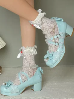 ROCOCO Style Lolita Footwear Purple Color Block Chains Pearls Bows Round Toe PU Leather Lolita Pumps