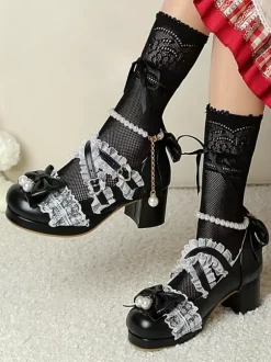 ROCOCO Style Lolita Footwear Purple Color Block Chains Pearls Bows Round Toe PU Leather Lolita Pumps