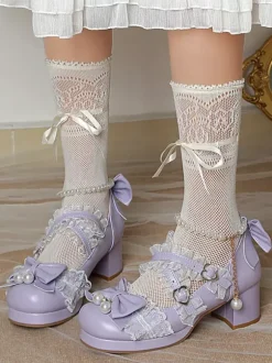 ROCOCO Style Lolita Footwear Purple Color Block Chains Pearls Bows Round Toe PU Leather Lolita Pumps