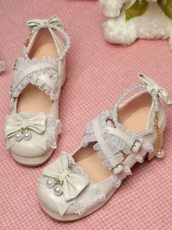 ROCOCO Style Lolita Footwear Purple Color Block Chains Pearls Bows Round Toe PU Leather Lolita Pumps