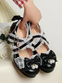 ROCOCO Style Lolita Footwear Purple Color Block Chains Pearls Bows Round Toe PU Leather Lolita Pumps