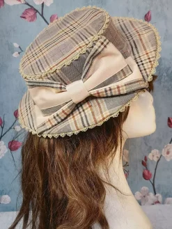 ROCOCO Style Lolita Hat Infanta Brown Bows Accessory Stripes Plaid Polyester Lolita Accessories
