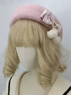 ROCOCO Style Lolita Hat Pink Pom Poms Bows Accessory Color Block Polyester Lolita Accessories