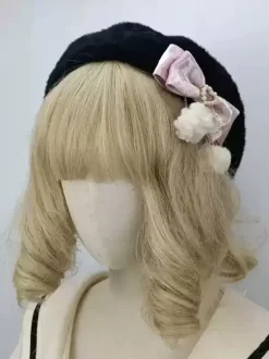 ROCOCO Style Lolita Hat Pink Pom Poms Bows Accessory Color Block Polyester Lolita Accessories
