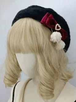 ROCOCO Style Lolita Hat Pink Pom Poms Bows Accessory Color Block Polyester Lolita Accessories