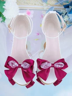 ROCOCO Style Lolita Sandals Bows Pointed Toe PU Leather Pink Lolita Summer Shoes