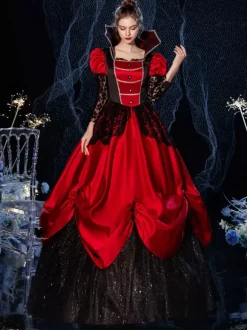 Rococo Victorian Retro Costume Dress Masquerade Semi Sheer Lace Cotton Cosplay Costume Carnival Burgundy
