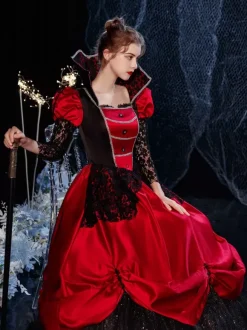 Rococo Victorian Retro Costume Dress Masquerade Semi Sheer Lace Cotton Cosplay Costume Carnival Burgundy