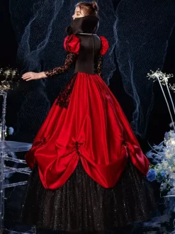 Rococo Victorian Retro Costume Dress Masquerade Semi Sheer Lace Cotton Cosplay Costume Carnival Burgundy