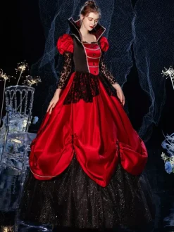 Rococo Victorian Retro Costume Dress Masquerade Semi Sheer Lace Cotton Cosplay Costume Carnival Burgundy
