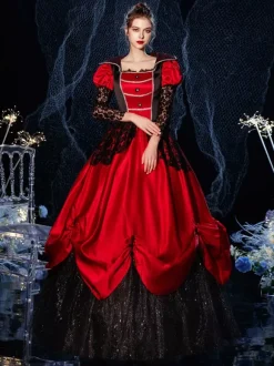 Rococo Victorian Retro Costume Dress Masquerade Semi Sheer Lace Cotton Cosplay Costume Carnival Burgundy