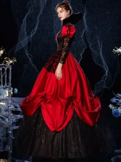Rococo Victorian Retro Costume Dress Masquerade Semi Sheer Lace Cotton Cosplay Costume Carnival Burgundy