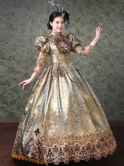Rococo Victorian Retro Tudor Dress Chinese Style Floral Print Lace 3/4-Length Sleeve Champagne Classical Lolita Dress
