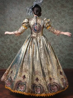 Rococo Victorian Retro Tudor Dress Chinese Style Floral Print Lace 3/4-Length Sleeve Champagne Classical Lolita Dress