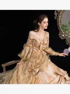 Rococo Victorian Retro Tudor Dress Floral Print Lace 3/4-Length Sleeve Deep Apricot Classical Lolita Dress