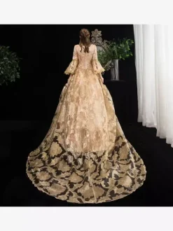 Rococo Victorian Retro Tudor Dress Floral Print Lace 3/4-Length Sleeve Deep Apricot Classical Lolita Dress