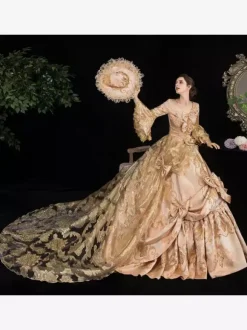 Rococo Victorian Retro Tudor Dress Floral Print Lace 3/4-Length Sleeve Deep Apricot Classical Lolita Dress
