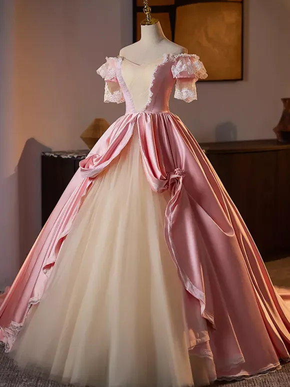Rococo Women's Dress Vintage Short Sleeve Lace Lace Up Two-Tone Ball Gown