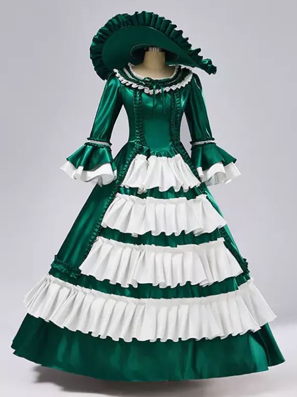 Rococo Women's Dress Vintage Long Sleeve Two-Tone Ruffles Ball Gown