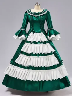 Rococo Women's Dress Vintage Long Sleeve Two-Tone Ruffles Ball Gown