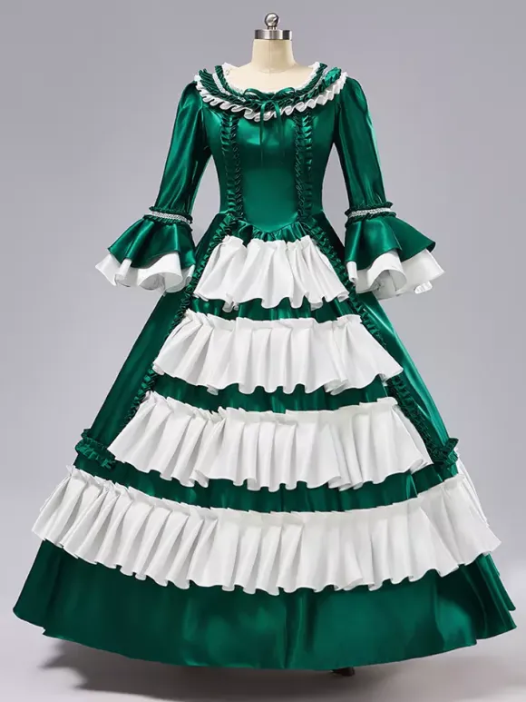 Rococo Women's Dress Vintage Long Sleeve Two-Tone Ruffles Ball Gown