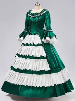 Rococo Women's Dress Vintage Long Sleeve Two-Tone Ruffles Ball Gown