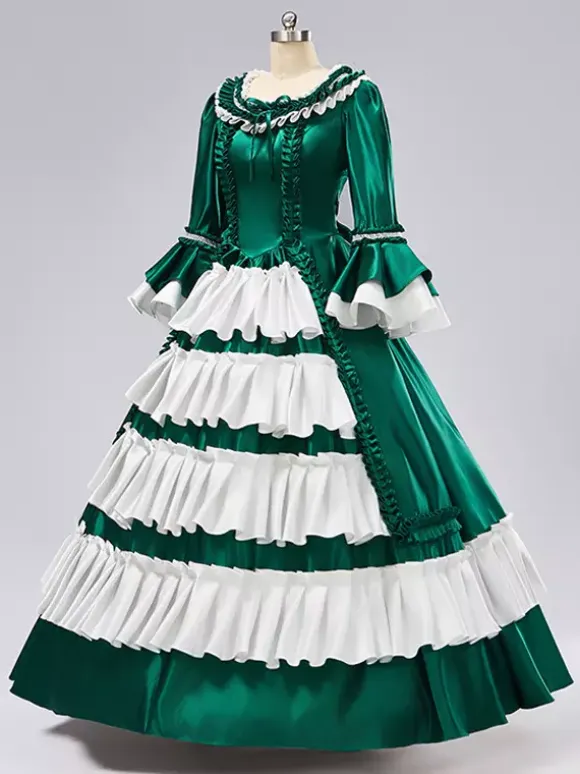 Rococo Women's Dress Vintage Long Sleeve Two-Tone Ruffles Ball Gown