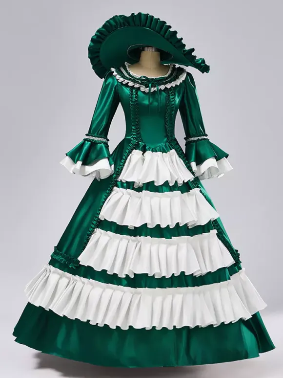Rococo Women's Dress Vintage Long Sleeve Two-Tone Ruffles Ball Gown