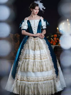 Rococo Women's Dress Vintage Bows Ruffles Color Block Short Sleeve Ball Gown