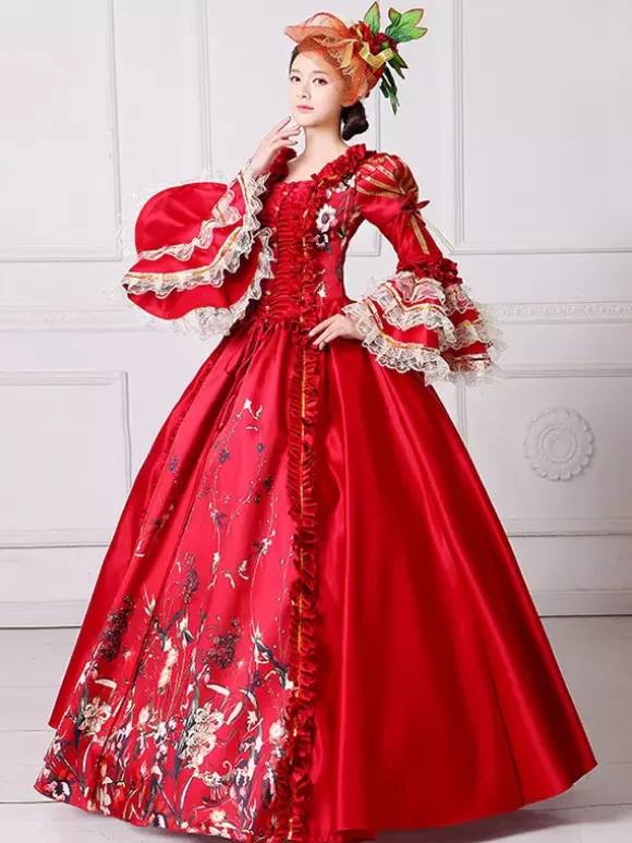 Rococo Women's Dress Vintage Clothing Polyester Floral Print Ruffles Long Sleeve Ball Gown